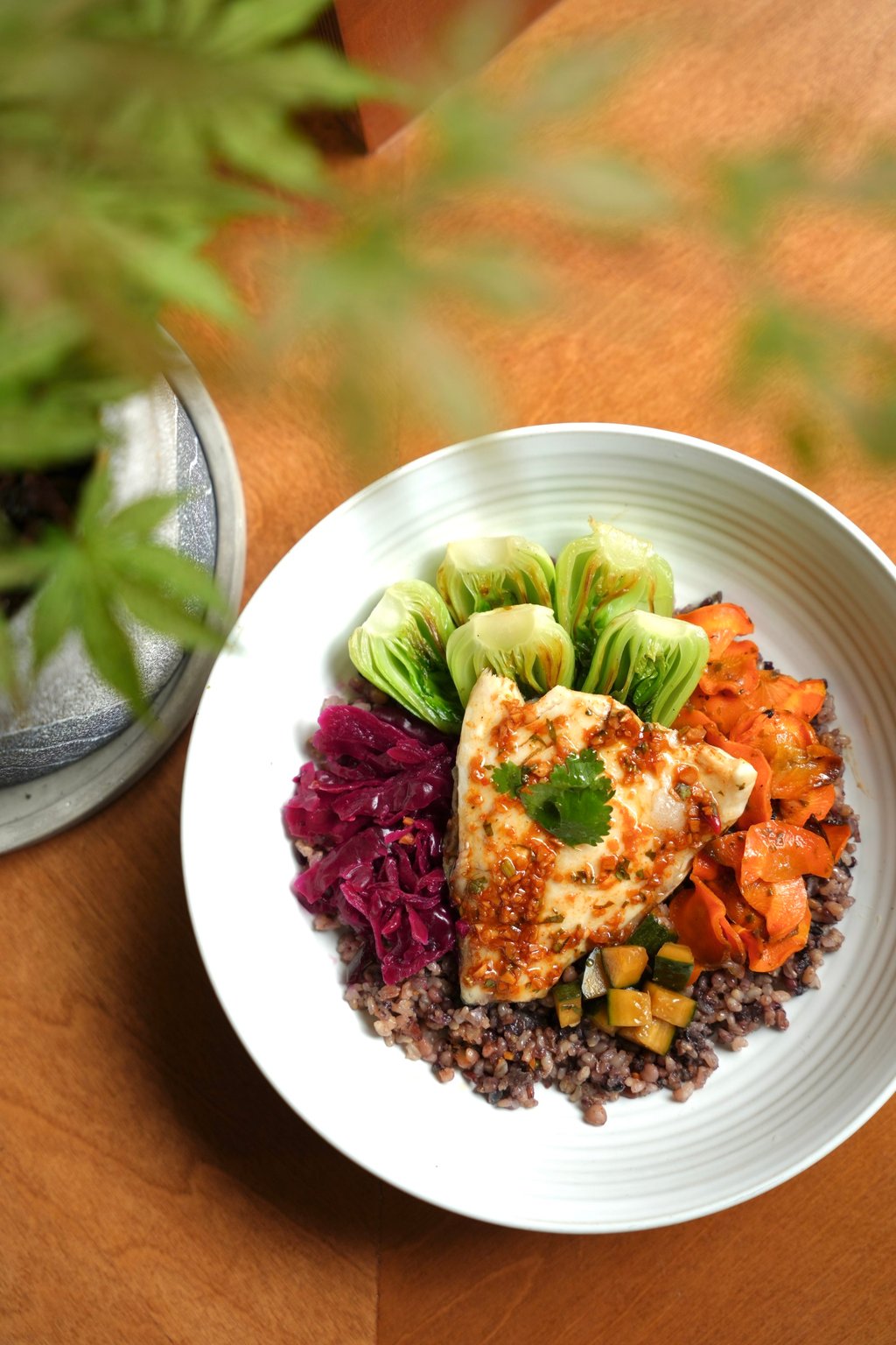 Gochujang market fish fillet with mixed grains, bak choi and jalapeño sauerkraut at Gróa by Nute. Photo: Gróa by Nute Gochujang market fish fillet with mixed grains, bak choi and jalapeño sauerkraut at Gróa by Nute. Photo: Gróa by Nute
