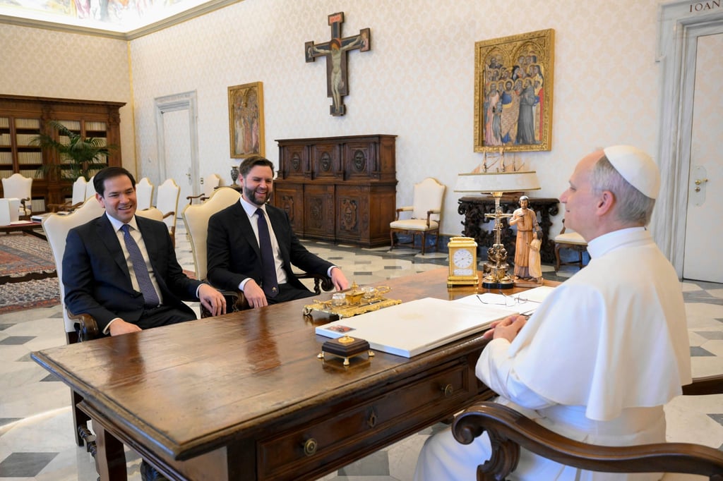 Pope Leo meets with Vice-President J.D. Vance and Secretary of State Marco Rubio. Photo: Vatican Media via AP Pope Leo meets with Vice-President J.D. Vance and Secretary of State Marco Rubio. Photo: Vatican Media via AP