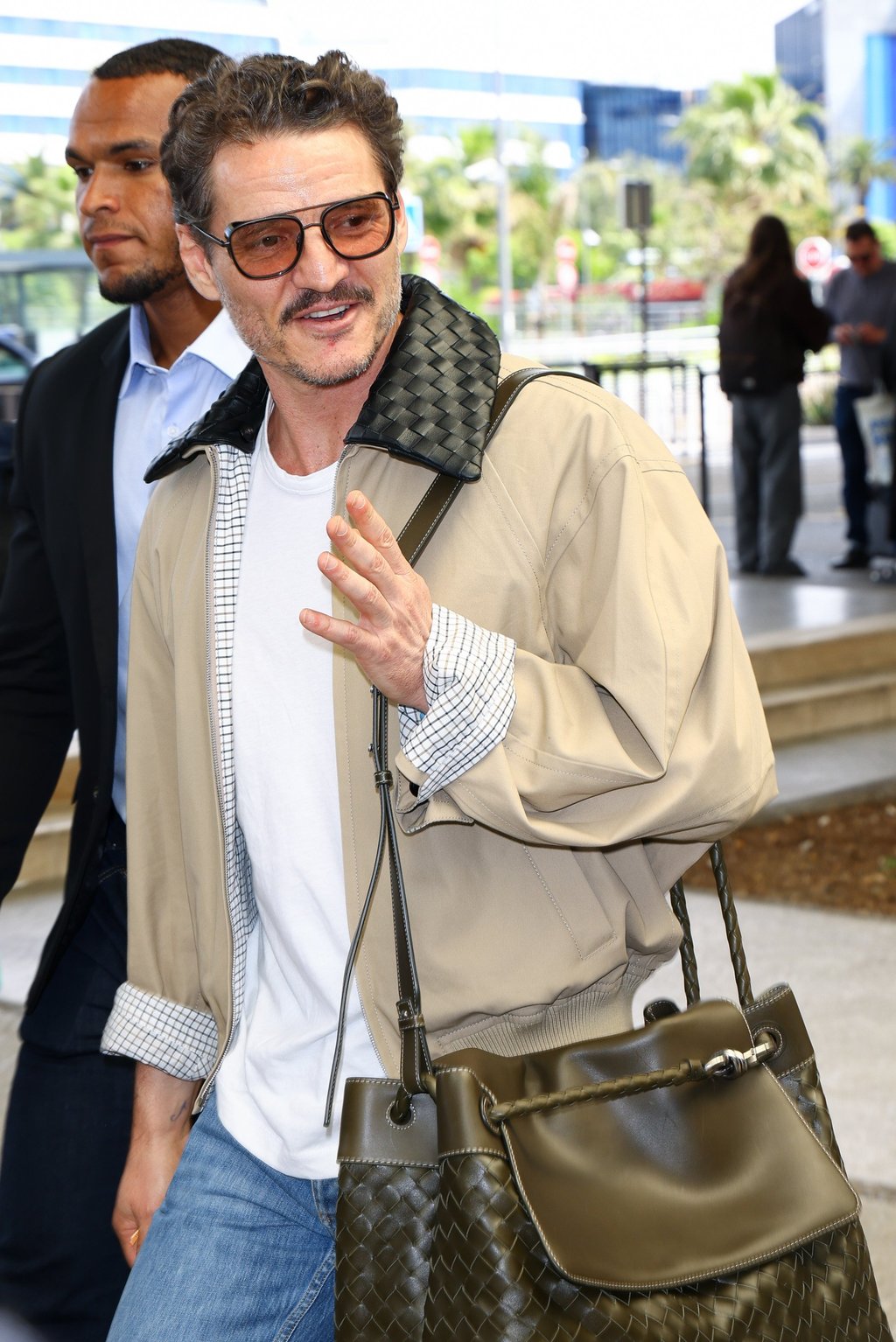 Pedro Pascal pictured arriving at Nice Airport for the Cannes Film Festival dressed top-to-toe in Bottega Veneta. Photo: GC Images