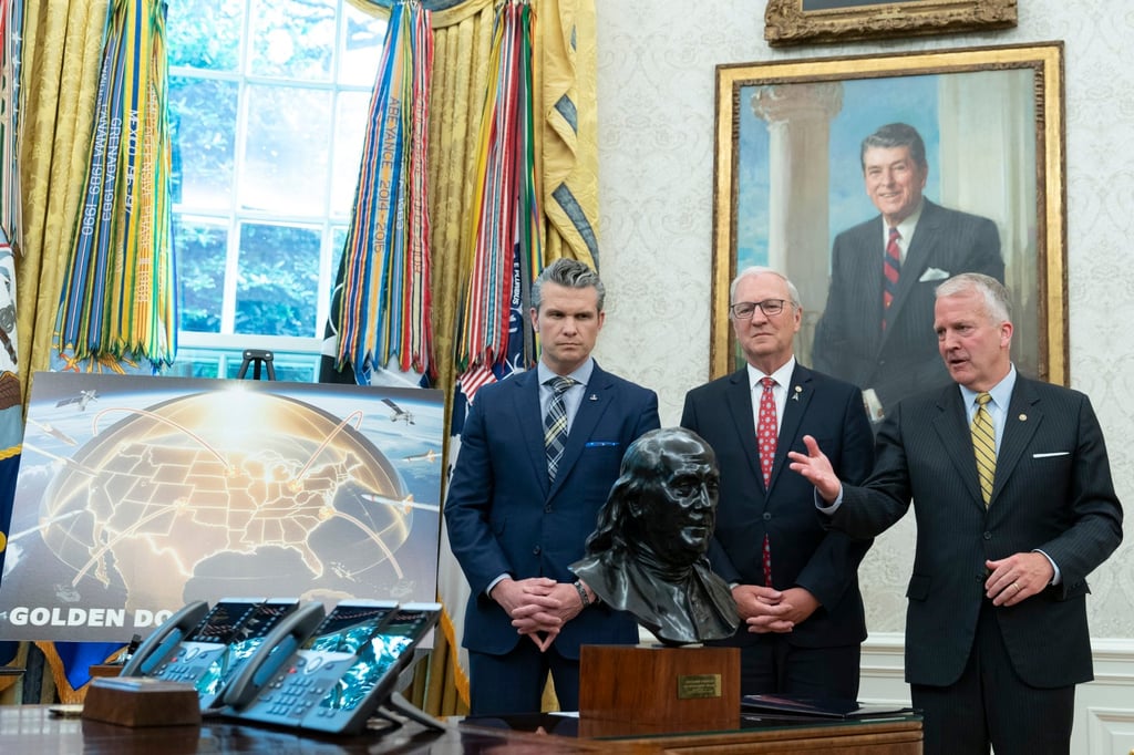 US Secretary of Defence Pete Hegseth and senators Kevin Cramer and Dan Sullivan attend President Donald Trump’s announcement on the Golden Dome on Tuesday. Photo: EPA-EFE US Secretary of Defence Pete Hegseth and senators Kevin Cramer and Dan Sullivan attend President Donald Trump’s announcement on the Golden Dome on Tuesday. Photo: EPA-EFE