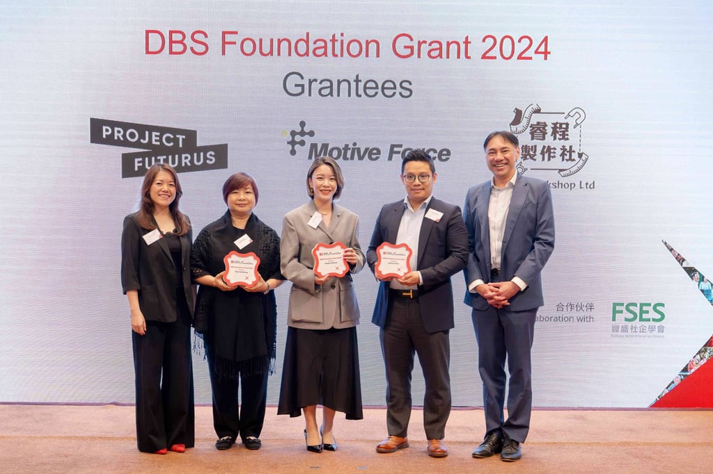 Representatives from three Hong Kong social enterprises, The Project Futurus, Motive Force and Rhys Workshop, are honoured after they received grants from the DBS Foundation. Photo: DBS