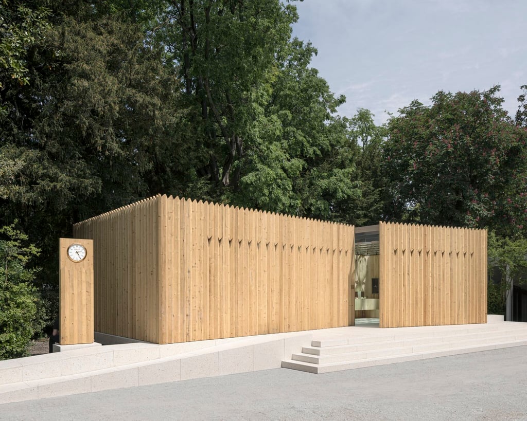 The pavilion showcases a facade made from recycled wood that recalls Rolex’s trademark fluted bezels. Photo: Handout The pavilion showcases a facade made from recycled wood that recalls Rolex’s trademark fluted bezels. Photo: Handout