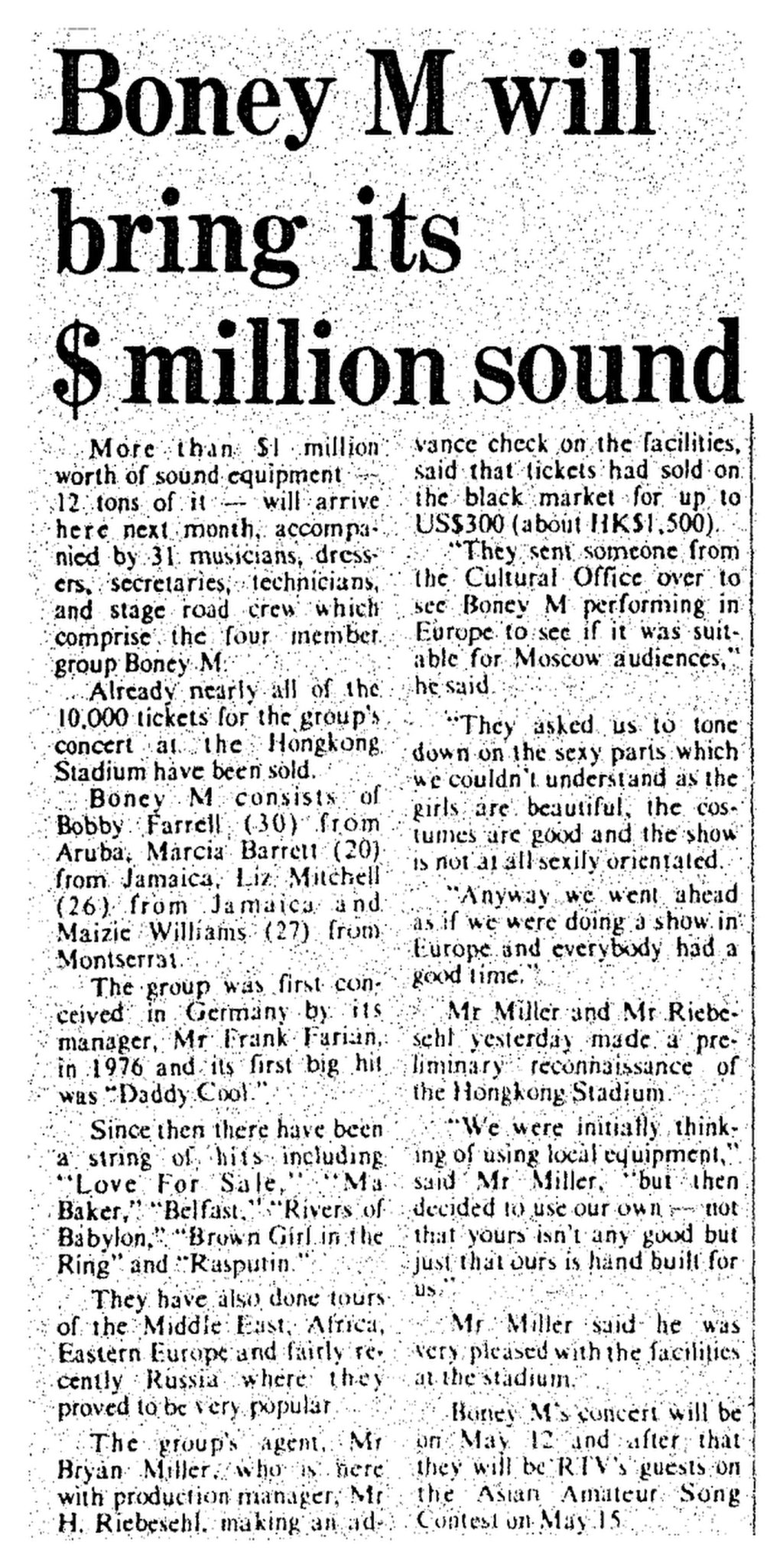 South China Morning Post previews the arrival of Boney M on April 16, 1979. Credit: SCMP Archives South China Morning Post previews the arrival of Boney M on April 16, 1979. Credit: SCMP Archives