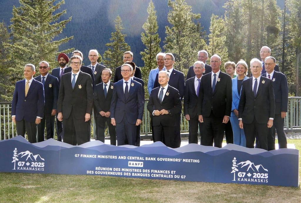 G7 finance ministers and central bank governors pose for a photo in Banff on Wednesday. Photo: Kyodo