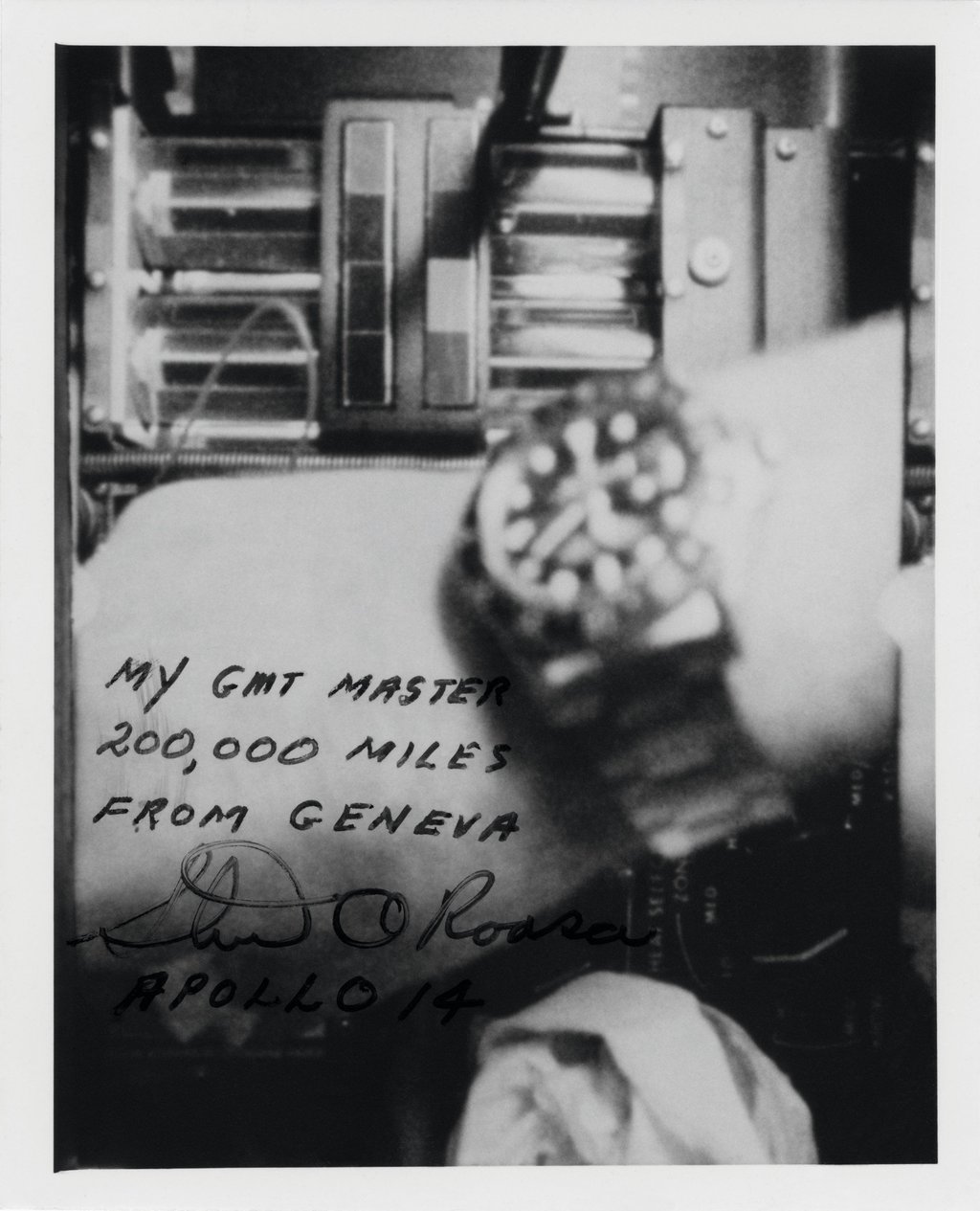 Stuart Roosa’s GMT-Master pictured during the Apollo 14 mission in 1971, accompanied by a message from the astronaut. Photo: Rolex Stuart Roosa’s GMT-Master pictured during the Apollo 14 mission in 1971, accompanied by a message from the astronaut. Photo: Rolex