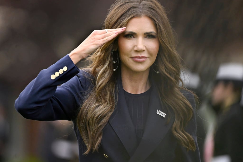 US Homeland Security Secretary Kristi Noem salutes as she arrives at the commencement exercise for the United States Coast Guard Academy in New London, Connecticut, on Wednesday. Photo: AP US Homeland Security Secretary Kristi Noem salutes as she arrives at the commencement exercise for the United States Coast Guard Academy in New London, Connecticut, on Wednesday. Photo: AP