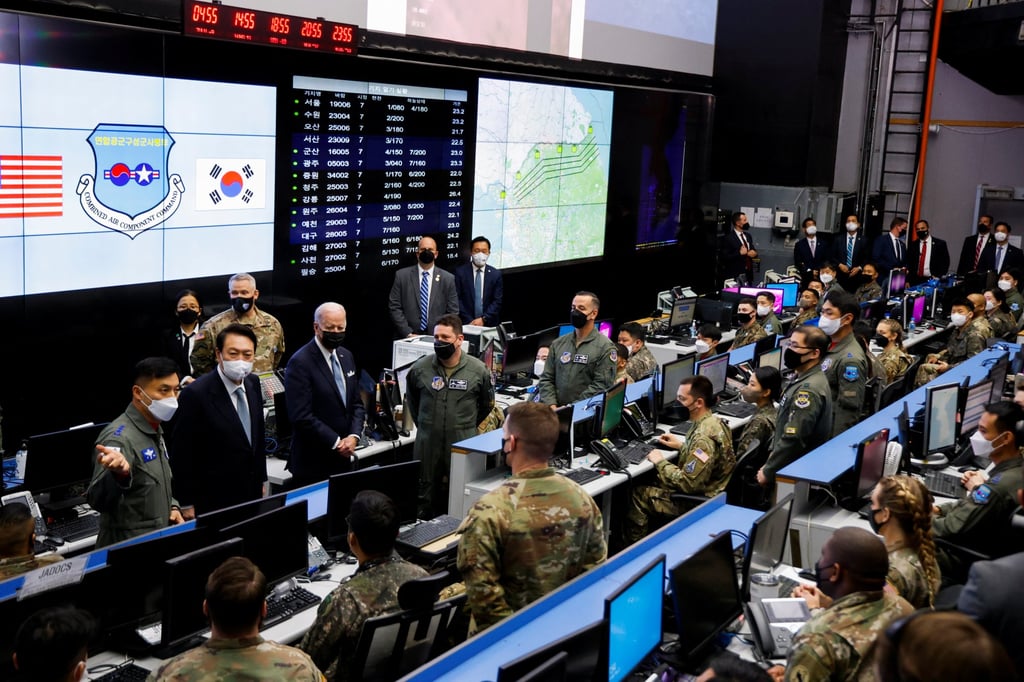 Then-US President Joe Biden and then-South Korean President Yoon Suk-yeol visit the Korea Air and Space Operations Centre at Osan Air Base in Pyeongtaek on May 22, 2022. Photo: Reuters Then-US President Joe Biden and then-South Korean President Yoon Suk-yeol visit the Korea Air and Space Operations Centre at Osan Air Base in Pyeongtaek on May 22, 2022. Photo: Reuters