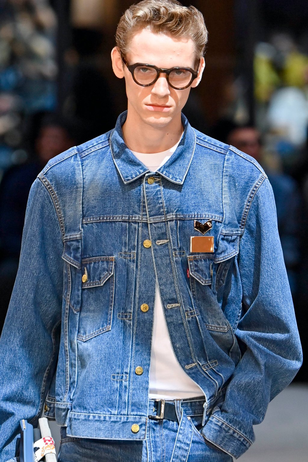 Sacai embodies the timeless pairing of a leather jacket, white T-shirt and jeans. Photo: Handout Sacai embodies the timeless pairing of a leather jacket, white T-shirt and jeans. Photo: Handout