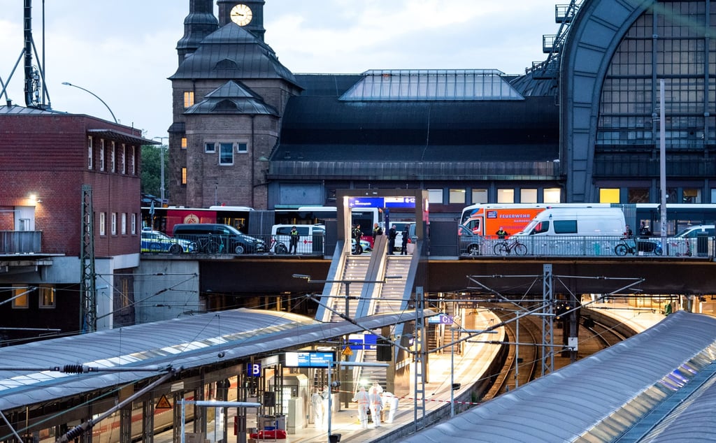 Forensic experts inspect the scene at the central station in Hamburg on Friday. Photo: EPA-EFE Forensic experts inspect the scene at the central station in Hamburg on Friday. Photo: EPA-EFE