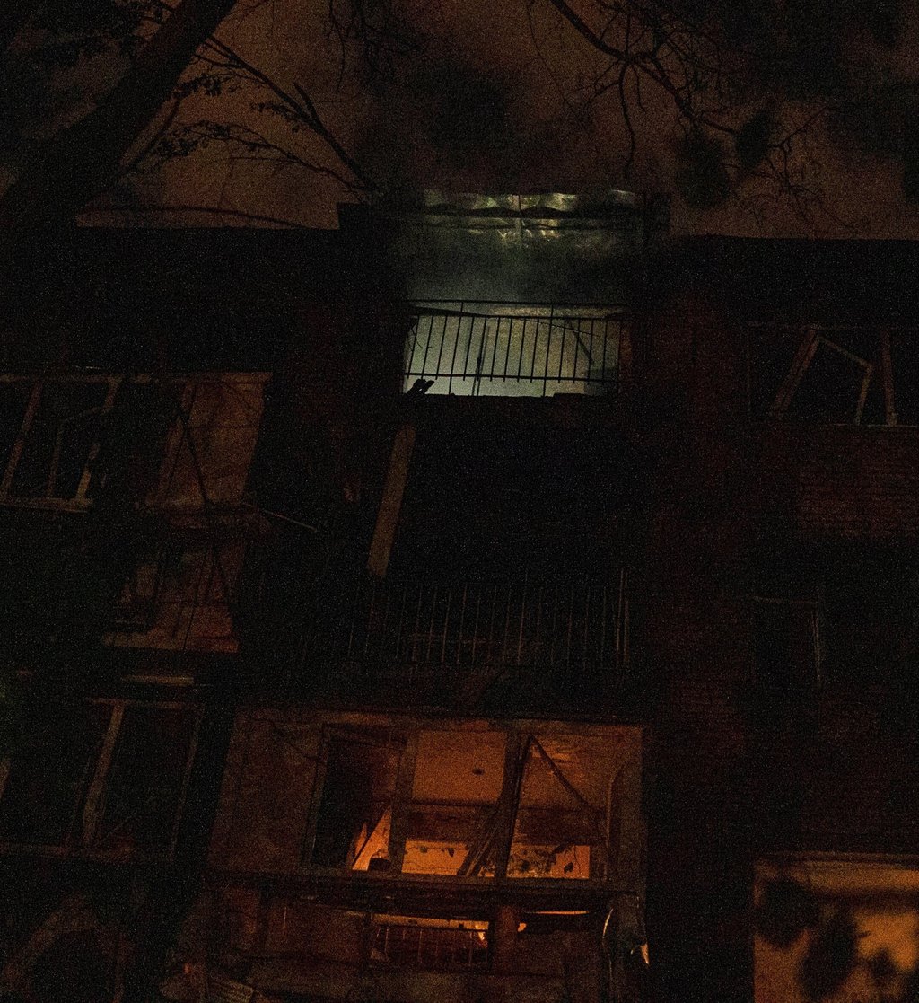 A residential building on fire following a Russian attack in Kyiv on Saturday. Photo: AP Photo A residential building on fire following a Russian attack in Kyiv on Saturday. Photo: AP Photo