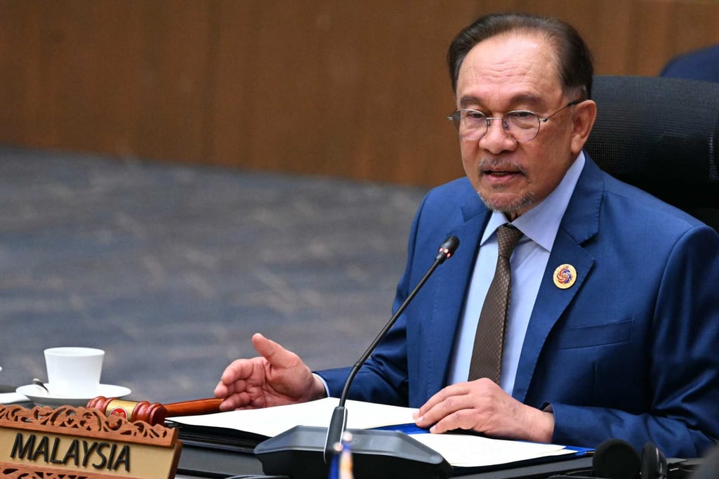 Malaysia’s Prime Minister Anwar Ibrahim speaks on Monday at the 46th Asean Summit in Kuala Lumpur. Photo: AFP Malaysia’s Prime Minister Anwar Ibrahim speaks on Monday at the 46th Asean Summit in Kuala Lumpur. Photo: AFP