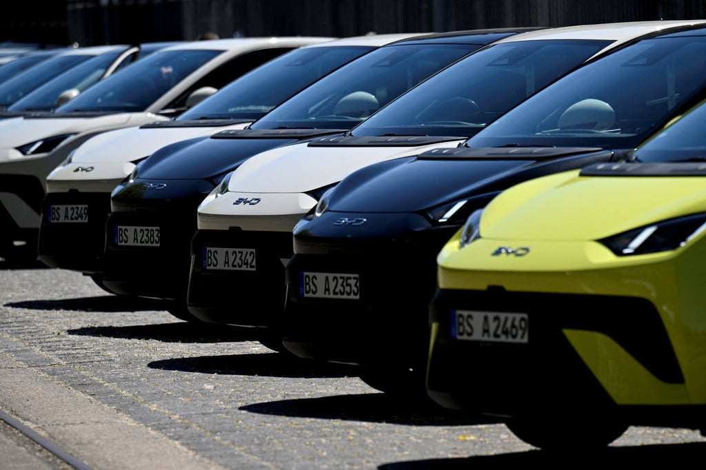 BYD Dolphin Surf EVs are parked at the Chinese carmaker’s event in Berlin, Germany, on Wednesday. Photo: Reuters BYD Dolphin Surf EVs are parked at the Chinese carmaker’s event in Berlin, Germany, on Wednesday. Photo: Reuters