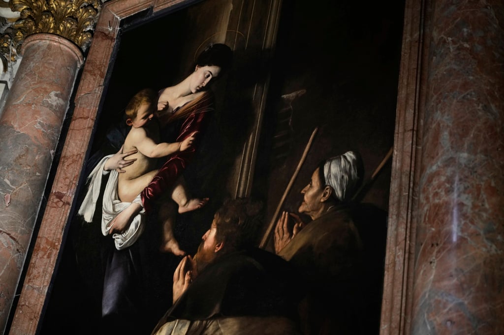 Detail of the Pilgrims’ Madonna by Caravaggio displayed inside the Basilica of St Augustine in Rome. Photo: AP Detail of the Pilgrims’ Madonna by Caravaggio displayed inside the Basilica of St Augustine in Rome. Photo: AP