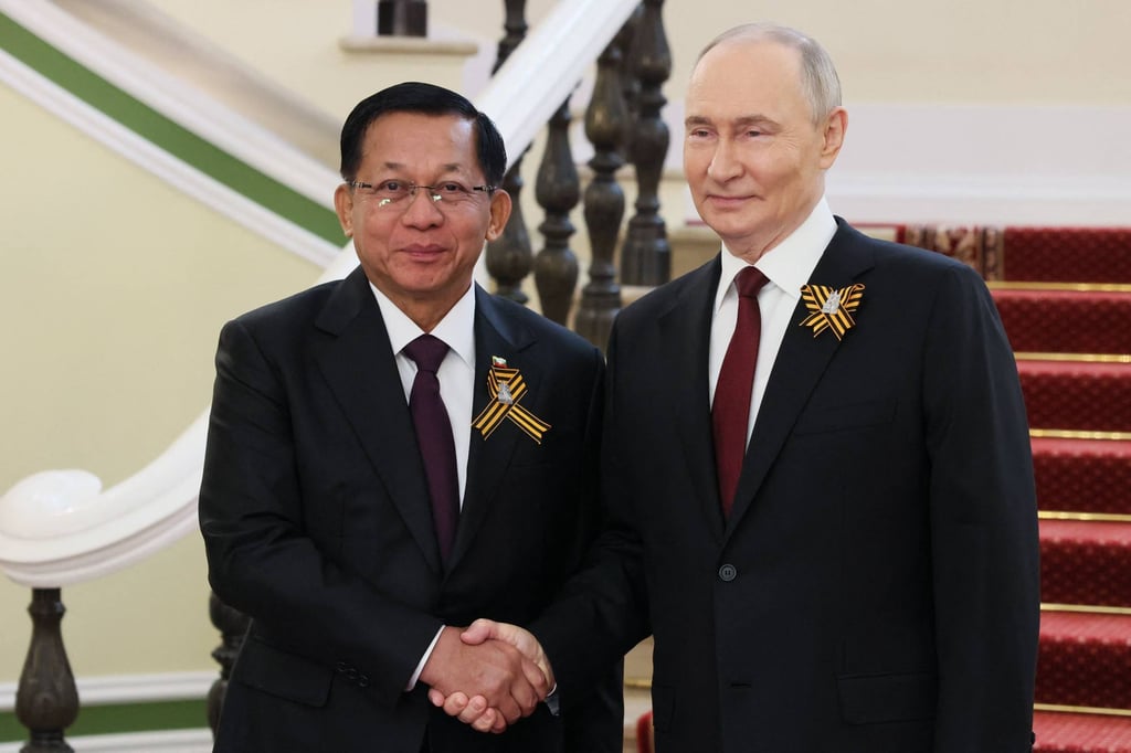 Russia’s President Vladimir Putin greets Myanmar junta leader Min Aung Hlaing before the Victory Day military parade in Moscow on May 9. Photo: Pool/AFP Russia’s President Vladimir Putin greets Myanmar junta leader Min Aung Hlaing before the Victory Day military parade in Moscow on May 9. Photo: Pool/AFP