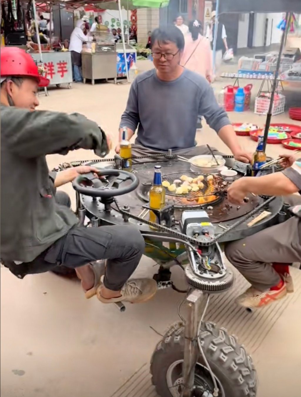Using discarded materials such as scrap steel, second-hand motorcycle parts, and construction debris, he has completed 300 vehicles, including a BBQ grill table on wheels, above. Photo: Douyin Using discarded materials such as scrap steel, second-hand motorcycle parts, and construction debris, he has completed 300 vehicles, including a BBQ grill table on wheels, above. Photo: Douyin