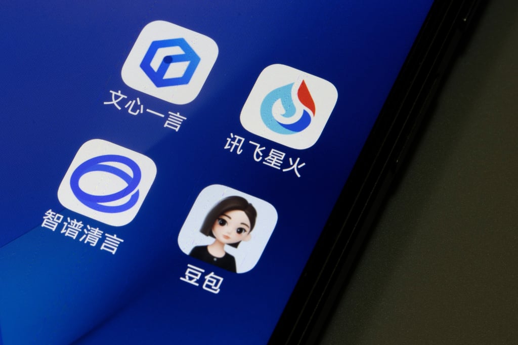 Chinese chatbot app icons displayed on a smartphone. These include, shown clockwise, iFlytek’s Spark, ByteDance’s Doubao, Zhipu AI’s Zhipu Qingyan and Baidu’s Ernie Bot. Photo: Shutterstock Chinese chatbot app icons displayed on a smartphone. These include, shown clockwise, iFlytek’s Spark, ByteDance’s Doubao, Zhipu AI’s Zhipu Qingyan and Baidu’s Ernie Bot. Photo: Shutterstock