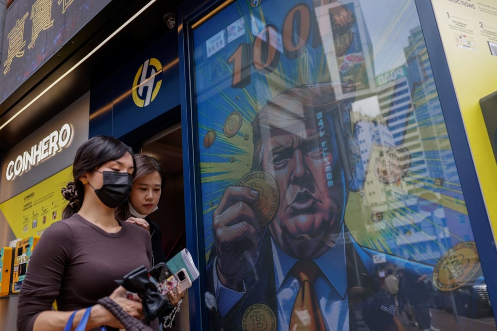 An illustration featuring US President Donald Trump outside a cryptocurrency exchange in Hong Kong. Photo: Reuters An illustration featuring US President Donald Trump outside a cryptocurrency exchange in Hong Kong. Photo: Reuters