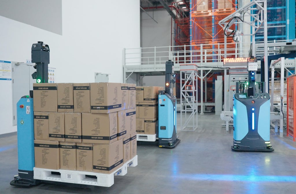 Undated photographs of the automated forklifts produced by Shanghai Seer. Photo: Handout Undated photographs of the automated forklifts produced by Shanghai Seer. Photo: Handout