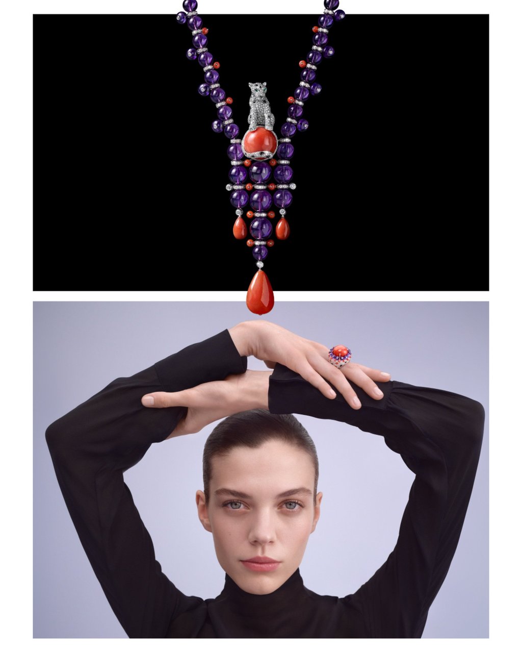 The Panthère Orbitale necklace from Cartier’s En Équilibre high jewellery collection, in platinum, coral, amethyst, emeralds, onyx and diamonds. Photo: Handout The Panthère Orbitale necklace from Cartier’s En Équilibre high jewellery collection, in platinum, coral, amethyst, emeralds, onyx and diamonds. Photo: Handout