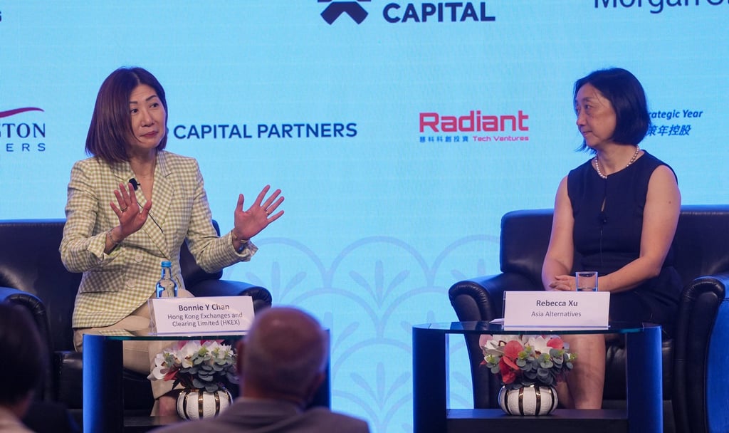 HKEX CEO Bonnie Chan (left) and Rebecca Xu, co-founder and managing director of Asia Alternatives have a discussion at the Greater China Private Equity Summit in Hong Kong on Wednesday. Photo: Elson Li HKEX CEO Bonnie Chan (left) and Rebecca Xu, co-founder and managing director of Asia Alternatives have a discussion at the Greater China Private Equity Summit in Hong Kong on Wednesday. Photo: Elson Li