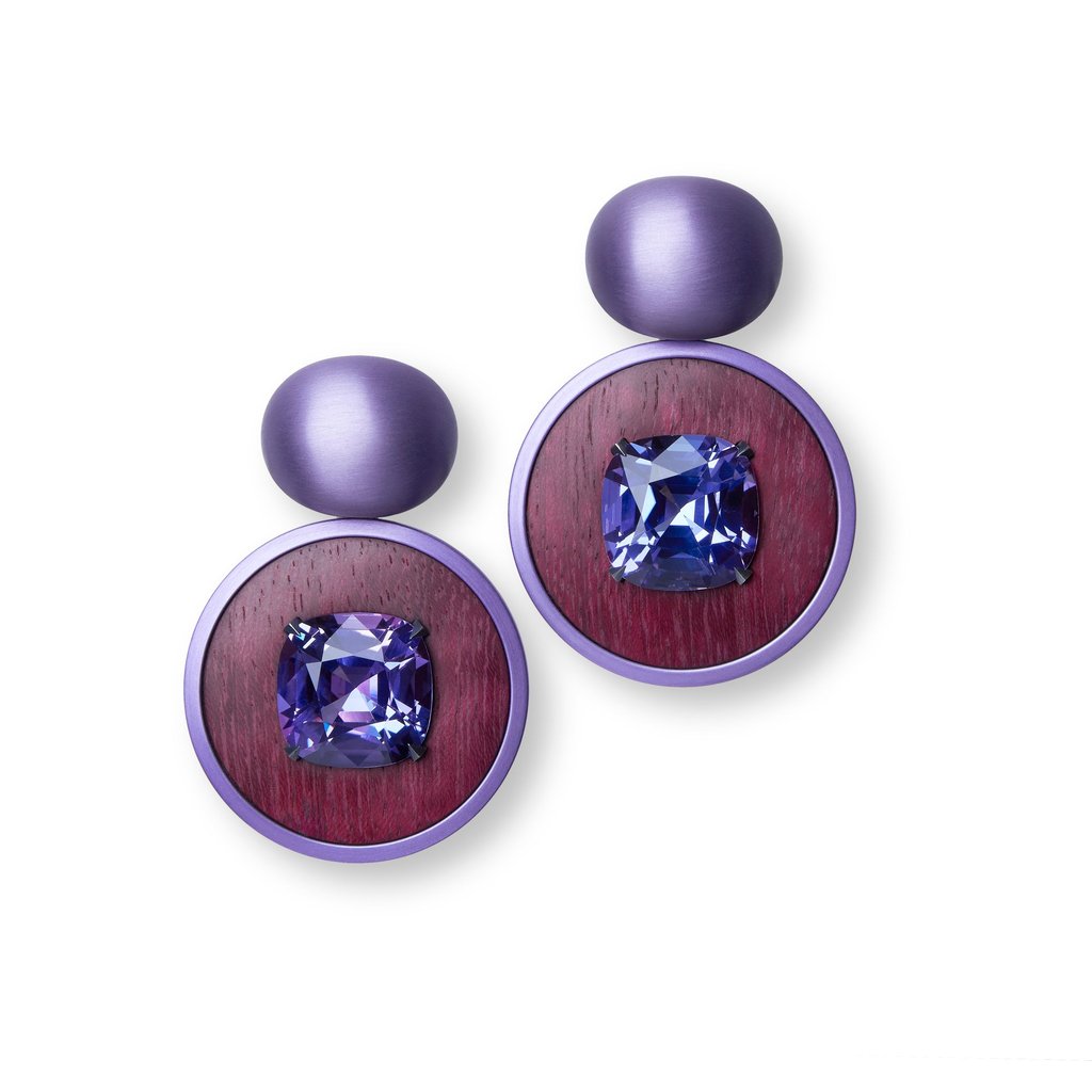 Hemmerle earrings featuring tanzanite set in amaranth wood and anodised aluminium. Photo: Handout Hemmerle earrings featuring tanzanite set in amaranth wood and anodised aluminium. Photo: Handout