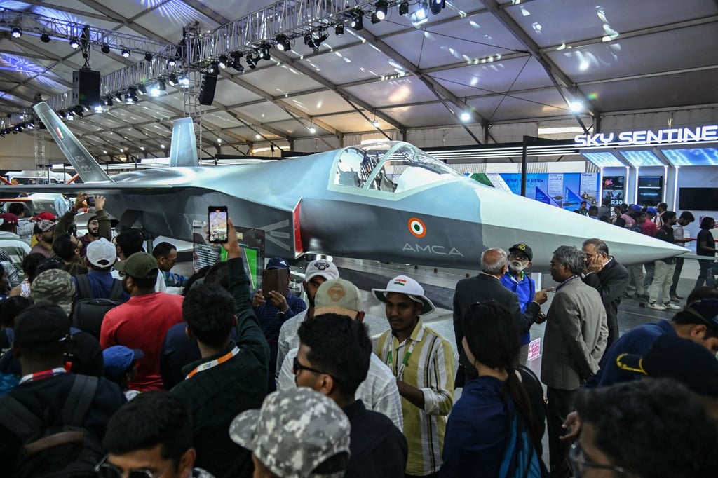 A full-scale model of the AMCA aircraft is displayed at the Aero India 2025 air show at Yelahanka Air Force Station in Bengaluru on February 14. Photo: AFP A full-scale model of the AMCA aircraft is displayed at the Aero India 2025 air show at Yelahanka Air Force Station in Bengaluru on February 14. Photo: AFP