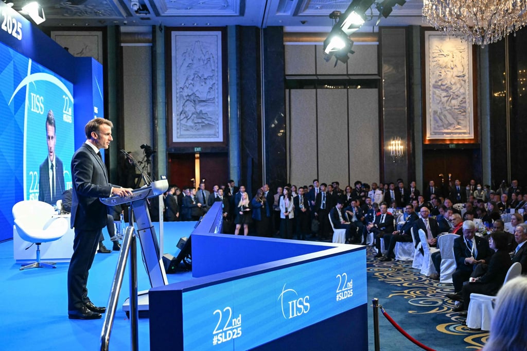 France’s President Emmanuel Macron during his keynote address at the Shangri-La Dialogue on Friday. Photo: AFP France’s President Emmanuel Macron during his keynote address at the Shangri-La Dialogue on Friday. Photo: AFP