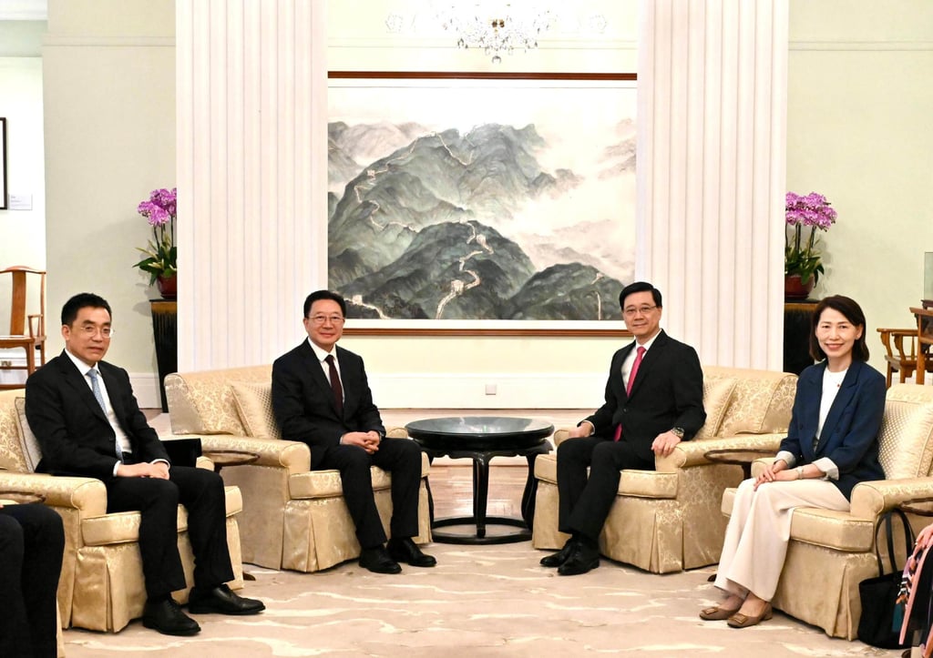 Liaison office chief Zhou Ji (second left) with city leader John Lee (second right). Also attending the meeting was the director of the Chief Executive’s Office, Carol Yip Man-kuen (right). Photo: ISD Liaison office chief Zhou Ji (second left) with city leader John Lee (second right). Also attending the meeting was the director of the Chief Executive’s Office, Carol Yip Man-kuen (right). Photo: ISD