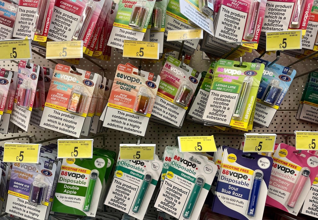 A display of disposable vapes in a shop in Liverpool. Photo: AFP
