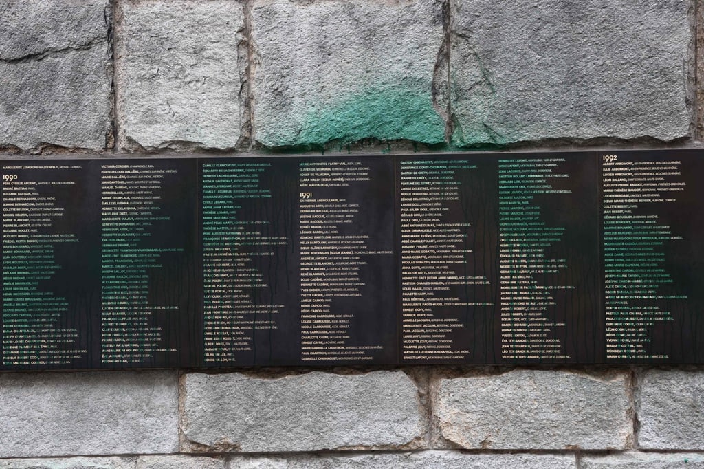 Green paint thrown on the “Wall of the Righteous” at the Shoah Memorial in Paris on Saturday. Photo: AFP Green paint thrown on the “Wall of the Righteous” at the Shoah Memorial in Paris on Saturday. Photo: AFP