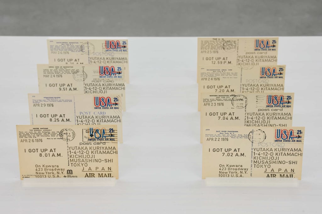 The backs of postcards from Japan-born conceptual artist On Kawaraโs series โI Got Upโ (1968-1979), He posted them to friends with a simple message noting the time he got up that day. They form part of the exhibition โOn Kawara: Rules of Freedom, Freedom of Rulesโ at Tai Kwun Contemporary, Hong Kong. Photo: Kitmin Lee The backs of postcards from Japan-born conceptual artist On Kawaraโs series โI Got Upโ (1968-1979), He posted them to friends with a simple message noting the time he got up that day. They form part of the exhibition โOn Kawara: Rules of Freedom, Freedom of Rulesโ at Tai Kwun Contemporary, Hong Kong. Photo: Kitmin Lee