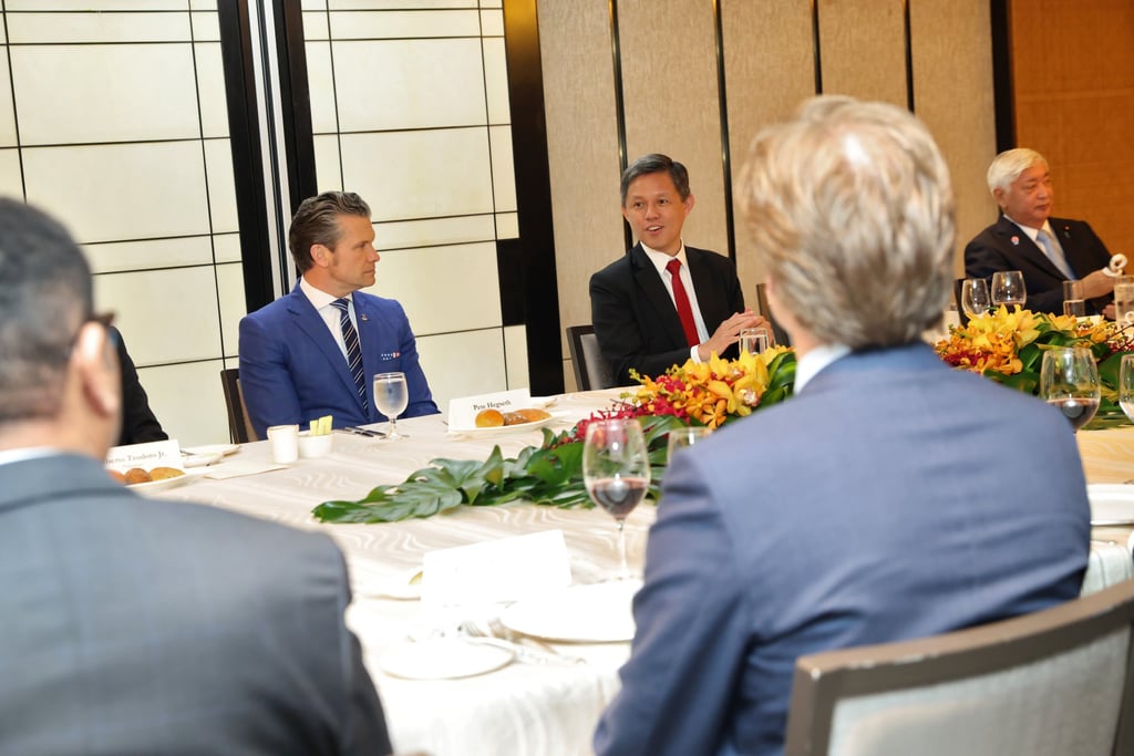 Singapore’s Minister for Defence Chan Chun Sing (back row, second left) speaks as US Defence Secretary Pete Hegseth and other defence ministers look on during a ministerial roundtable at the Shangri-La Dialogue on Saturday. Photo: EPA-EFE Singapore’s Minister for Defence Chan Chun Sing (back row, second left) speaks as US Defence Secretary Pete Hegseth and other defence ministers look on during a ministerial roundtable at the Shangri-La Dialogue on Saturday. Photo: EPA-EFE