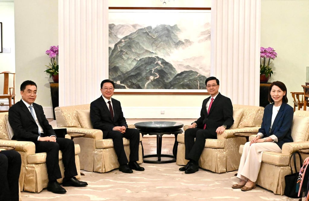 Liaison office chief Zhou Ji (second left) with city leader John Lee (second right). Also attending the meeting were the deputy secretary general of the liaison office, Xiao Youmei (left), and the director of the Chief Executive’s Office, Carol Yip Man-kuen (right). Photo: ISD Liaison office chief Zhou Ji (second left) with city leader John Lee (second right). Also attending the meeting were the deputy secretary general of the liaison office, Xiao Youmei (left), and the director of the Chief Executive’s Office, Carol Yip Man-kuen (right). Photo: ISD