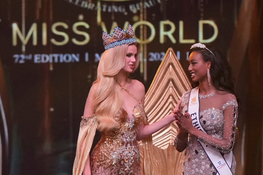 Miss World 2024 Krystyna Pyszkova of the Czech Republic (left) with first runner up Hasset Dereje Admassu of Ethiopia at the 72nd Miss World pageant in Hyderabad on Saturday. Photo: AP Miss World 2024 Krystyna Pyszkova of the Czech Republic (left) with first runner up Hasset Dereje Admassu of Ethiopia at the 72nd Miss World pageant in Hyderabad on Saturday. Photo: AP