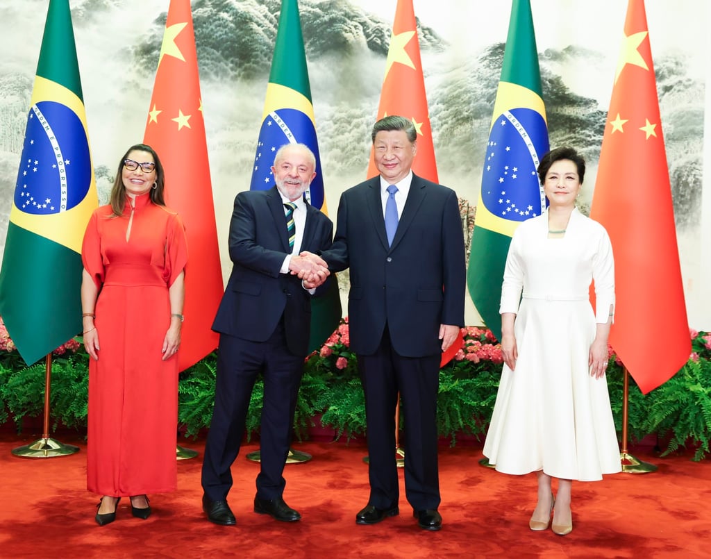 Brazilian President Luiz Inácio Lula da Silva (second left) pose for a photo with Chinese President Xi Jinping (second right) during his state visit to China in May. Photo: EPA-EFE/Xinhua