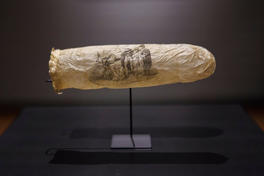 The condom emblazoned with an erotic image featuring a nun and three clergymen, and believed to have been made nearly 200 years ago from a sheep’s appendix, on display at Amsterdam’s Rijksmuseum. Photo: Rijksmuseum via AP The condom emblazoned with an erotic image featuring a nun and three clergymen, and believed to have been made nearly 200 years ago from a sheep’s appendix, on display at Amsterdam’s Rijksmuseum. Photo: Rijksmuseum via AP