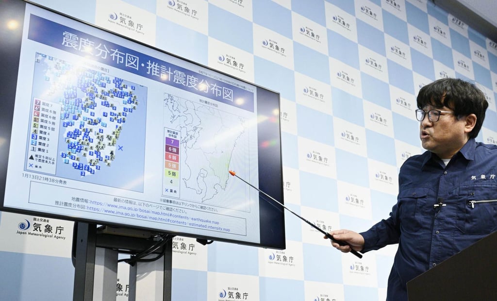 A Japan Meteorological Agency official points to a map showing a magnitude 6.6 earthquake off the southwestern Japan prefecture of Miyazaki in January. Photo: Kyodo A Japan Meteorological Agency official points to a map showing a magnitude 6.6 earthquake off the southwestern Japan prefecture of Miyazaki in January. Photo: Kyodo