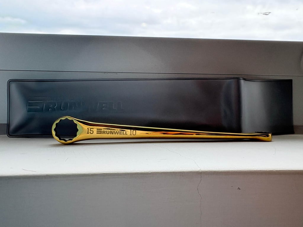 The gold-plated wrench Chloe Leung was given by Herve Dagorne. Photo: Chloe Leung