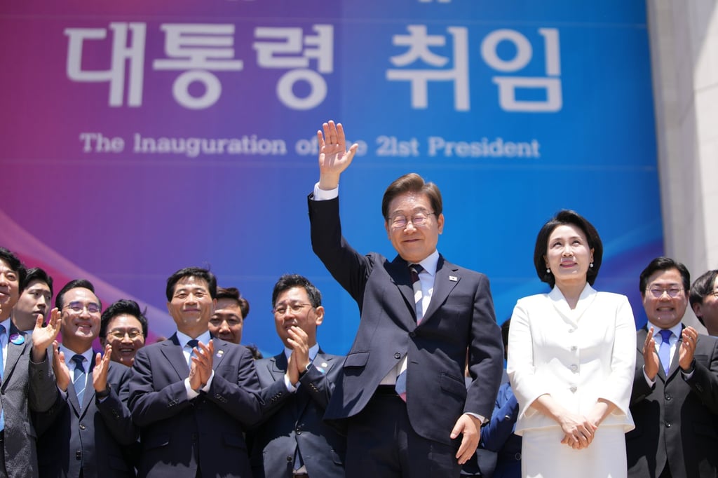 South Korea’s new President Lee Jae-myung and his wife Kim Hye-kyung after attending the presidential inauguration at the National Assembly in Seoul, South Korea, on Wednesday. Photo: EPA-EFE
