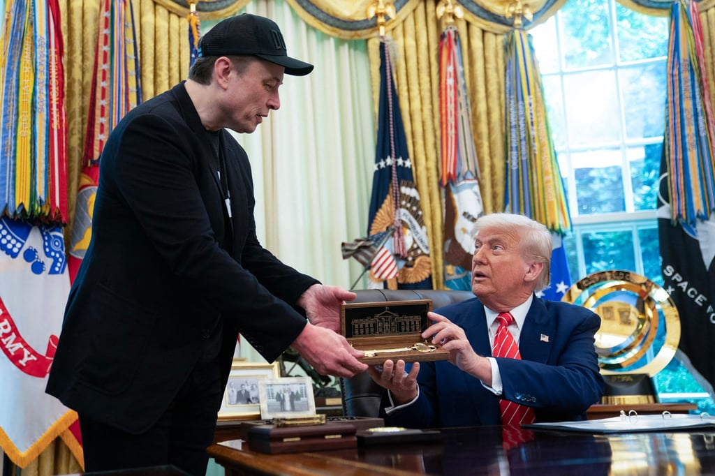 US President Donald Trump presents a ‘key to the White House’ to Elon Musk on Friday. Photo: TNS