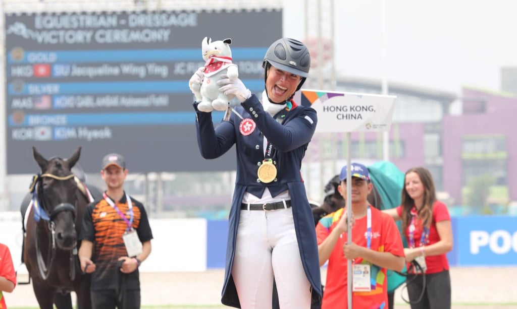 Hong Kong’s Jacqueline Siu celebrates after winning equestrian gold at the 2018 Asian Games in Jakarta. Photo: The Hong Kong Jockey Club