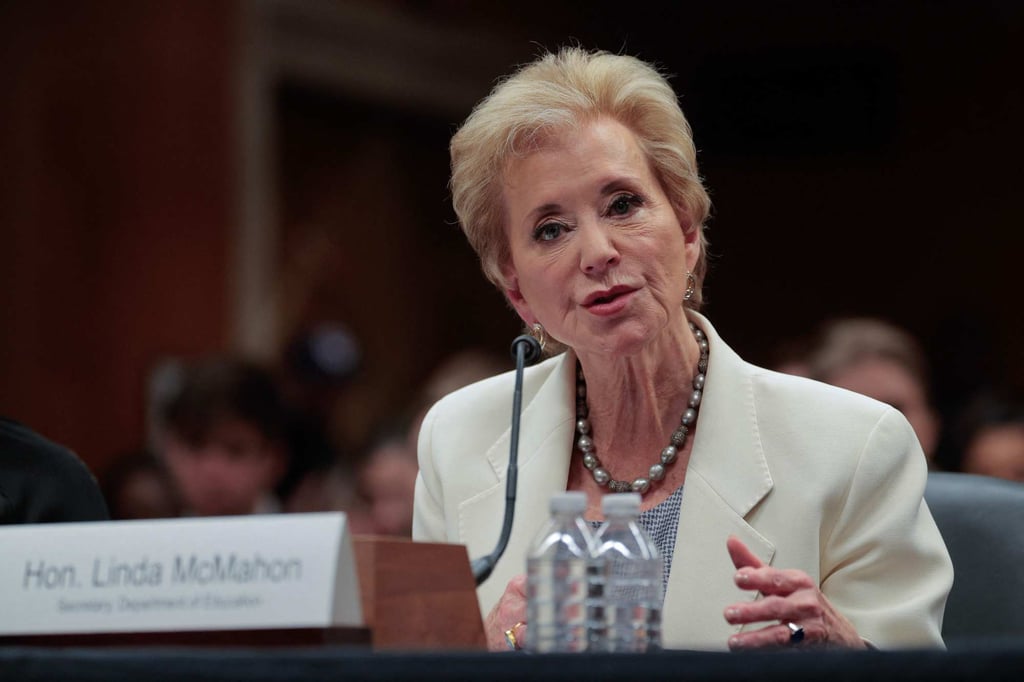 US Education Secretary Linda McMahon testifies before a Senate subcommittee on Capitol Hill on Tuesday. Photo: AFP US Education Secretary Linda McMahon testifies before a Senate subcommittee on Capitol Hill on Tuesday. Photo: AFP