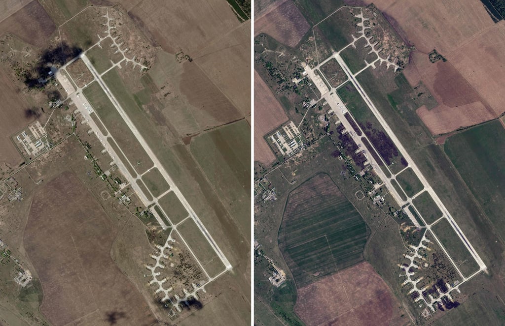 Belaya airbase in eastern Siberia, Russia, as captured on May 17 and on June 4, following an attack. Photo: Planet Labs PBC via AFP