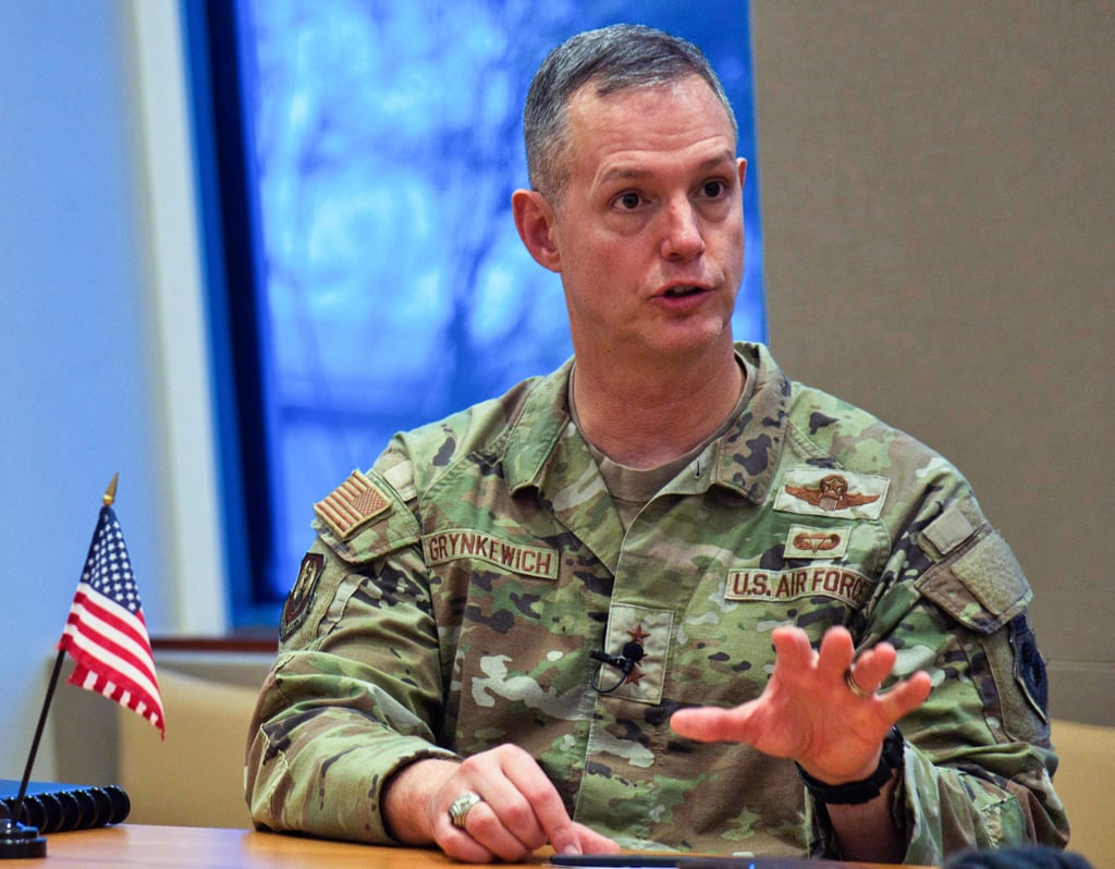 Then-Lt. Gen. Alexus Grynkewich, head of US Air Force Central, speaks at a news conference at the US Embassy in Abu Dhabi, United Arab Emirates, in September 2024. Photo: AP