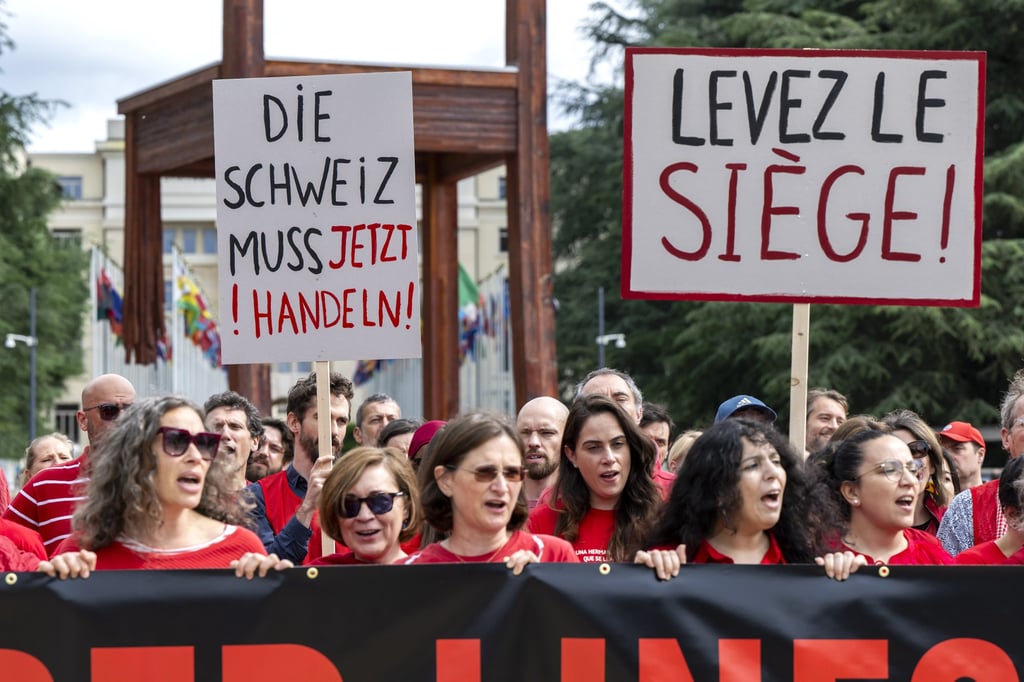 Members of Medecins Sans Frontieres take part in a protest in front of the European headquarters of the United Nations in Geneva, Switzerland, on Thursday. Photo: EPA-EFE