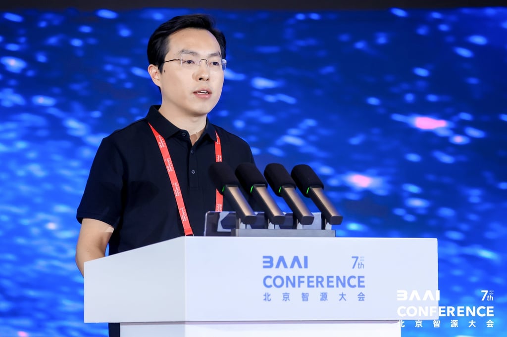 Beijing Academy of Artificial Intelligence director Wang Zhongyuan speaks at the institute’s annual conference on Friday. Photo: Handout