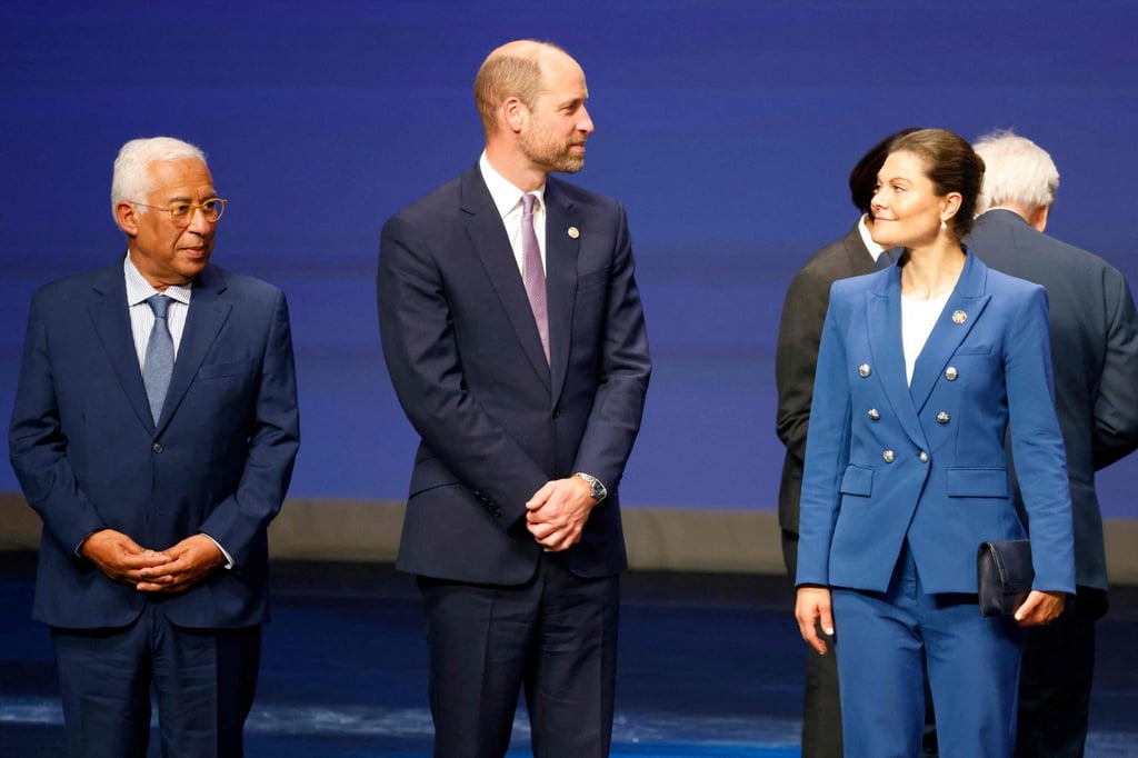 Britain’s Prince William, (centre), Crown Princess Victoria of Sweden (right) and European Council President Antonio Costa (left) gather on stage at the end of the Blue Economy and Finance Forum (BEFF) ahead of UNOC, at The Grimaldi Forum in Monaco on Sunday. Photo: AFP Britain’s Prince William, (centre), Crown Princess Victoria of Sweden (right) and European Council President Antonio Costa (left) gather on stage at the end of the Blue Economy and Finance Forum (BEFF) ahead of UNOC, at The Grimaldi Forum in Monaco on Sunday. Photo: AFP