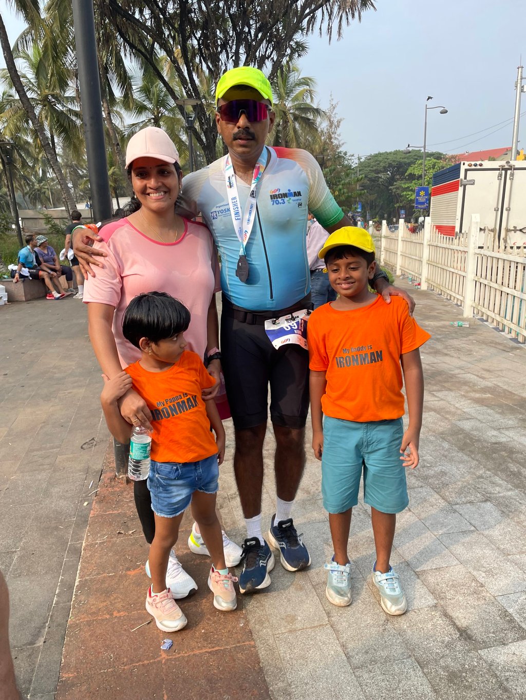 Valsan with his wife Remya and two children after finishing the Ironman 70.3 Goa in 2022. Photo: Nidhin Valsan Valsan with his wife Remya and two children after finishing the Ironman 70.3 Goa in 2022. Photo: Nidhin Valsan