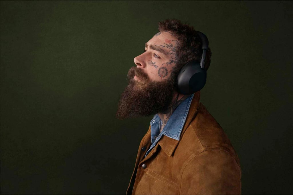 A promotional photo of the Sony WH-1000XM6 headphones, featuring American singer-songwriter Post Malone. Photo: Sony