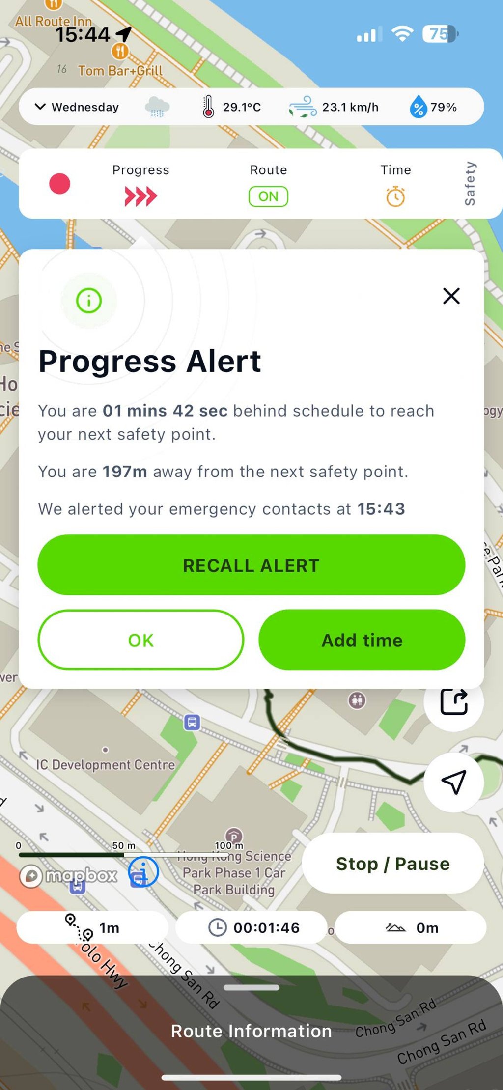 The WayMe app will alert users if they are off track and send a text message and email to emergency contacts. Photo: WayMe Outdoor Limited